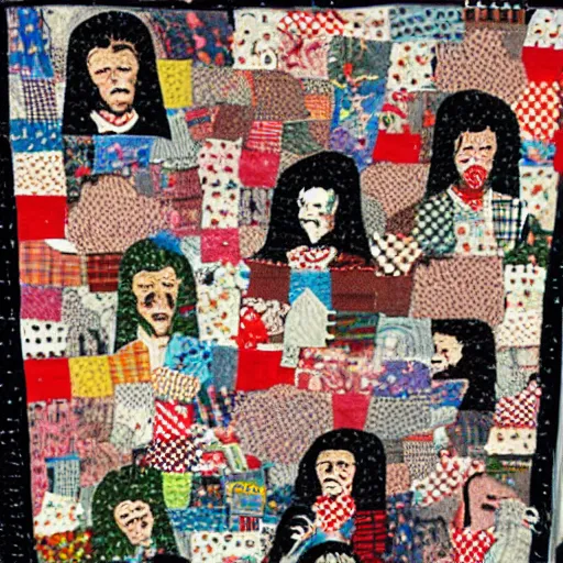 Prompt: folk art quilt showing a twitter argument, museum of modern art, new york