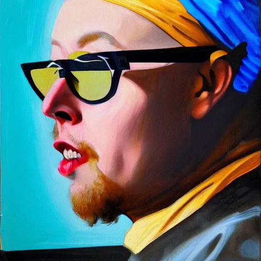 Image similar to painting of Elon Musk with shades on, smoking a cigar posed in the style of ‘Johannes Vermeer\'s girl with a pearl earring’ hyperrealistic, moody lighting, golden hour