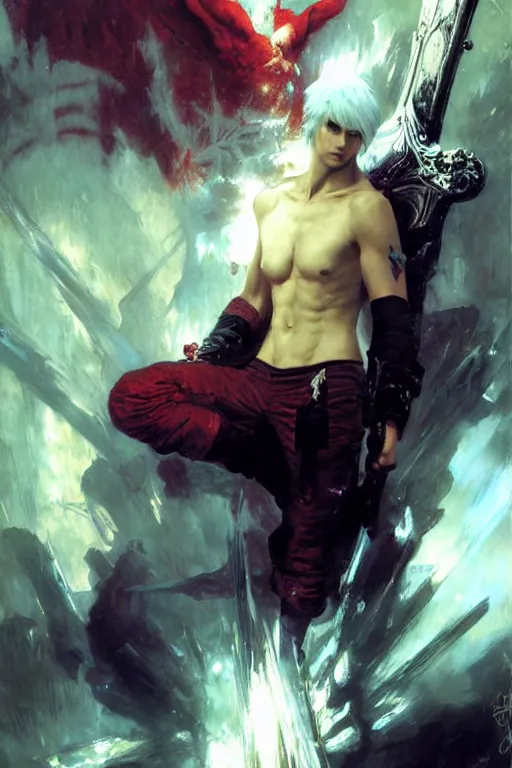 Image similar to ! dream dante from devil may cry portrait by nd, painting by gaston bussiere, craig mullins, greg rutkowski, yoji shinkawa