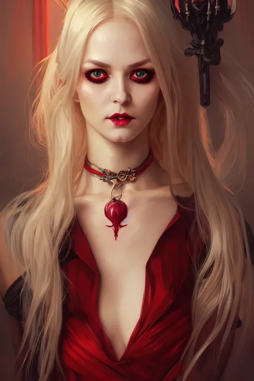 Prompt: Portrait of seductive female necromancer, D&D, revealing stylish dress, red eyes, choker on neck, long blonde hair, mouth slightly open, slight nerdy smile, fantasy, intricate, elegant, highly detailed, digital painting, artstation, concept art, smooth, sharp focus, illustration, art by artgerm and greg rutkowski and alphonse mucha