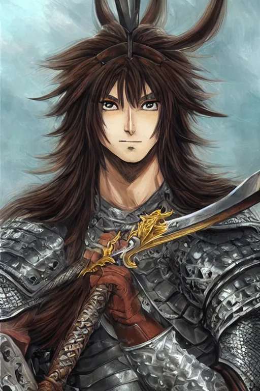 Prompt: A realistic anime portrait of a young handsome male barbarian with long wild hair, intricate fantasy spear, plated armor, D&D, dungeons and dragons, tabletop role playing game, rpg, jrpg, digital painting, by Yusuke Murata, concept art, highly detailed, promotional art, HD, digtial painting, trending on ArtStation, golden ratio, rule of thirds, SFW version