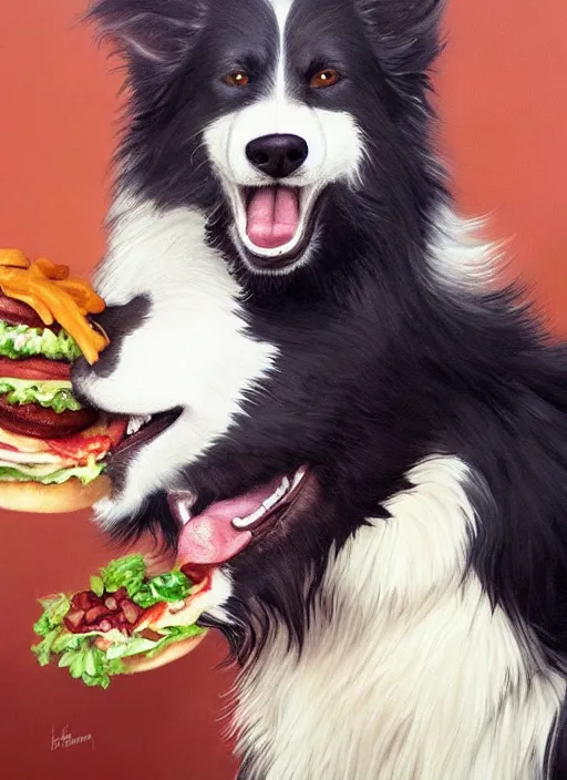 Image similar to wide shot painting of a male anthropomorphic border collie fursona eating a cheeseburger, beautiful, intricate, elegant, realistic proportions, highly detailed, scenic background, trending on artstation, art by charlie bowater and henry asencio and and ross tran