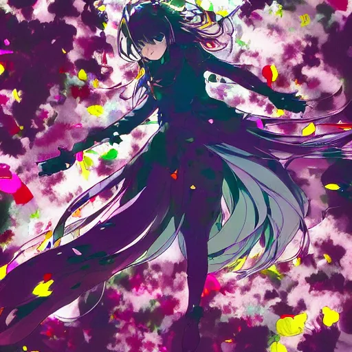 Prompt: background art of spaciously scattered multi colored flower petals flowing through the air from left to right on a clean background, anime, artgerm, manga, trending on artstation, yoji shinkawa