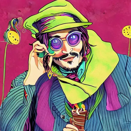 Image similar to Johnny Depp is covered in a blanket and drinking tea in Willy Wonka's Chocolate Factory, Illustration, Colorful, by Lulu Chen