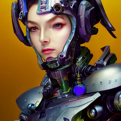 Image similar to studio portrait of lawful good colorful female holy mecha paladin absurdly beautiful, elegant, young sensual graceful woman, ultrafine hyperrealistic detailed face illustration by kim jung gi, irakli nadar, intricate linework, sharp focus, bright colors, matte, octopath traveler, final fantasy, unreal engine highly rendered, global illumination, radiant light, intricate environment