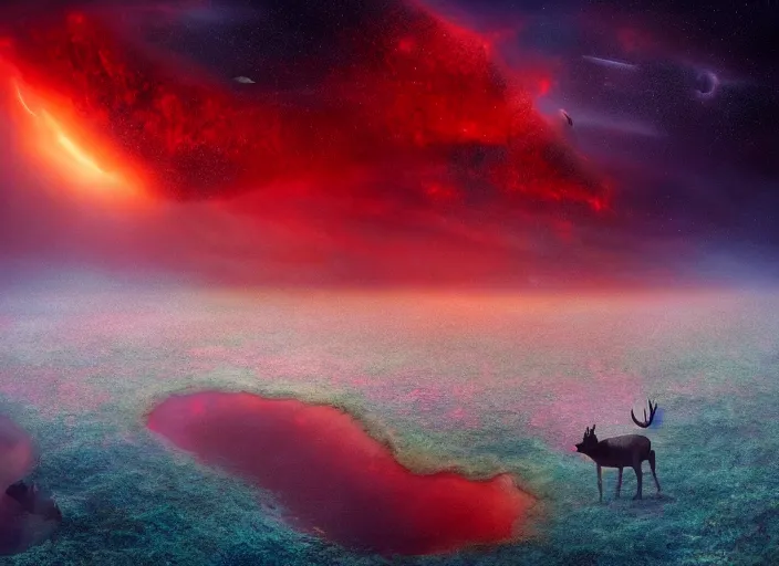 Image similar to a red deer swims in the lake of an alien planet, digital art, detailed, artgerm, artstation, deviant art, by kim keever