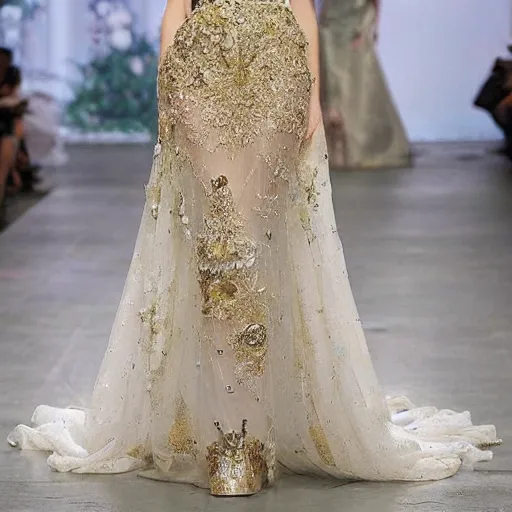 Image similar to a long wedding dress with a train made of flower petals made of light - colored fabric. transparent in places. in places, patterns of precious stones. intricate patterns of gold thin threads. fantasy. clear details