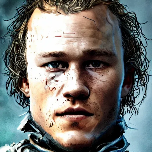 Image similar to heath ledger portrait, dystopia core, apocalyptic, armor, warrior, dramatic, sharp focus, fiction, neon, fantasy, hyper detailed, digital art, trending in artstation, cinematic lighting, studio quality, smooth render, unreal engine 5 rendered, octane rendered, art style and nixeu and wlop and krenz cushart