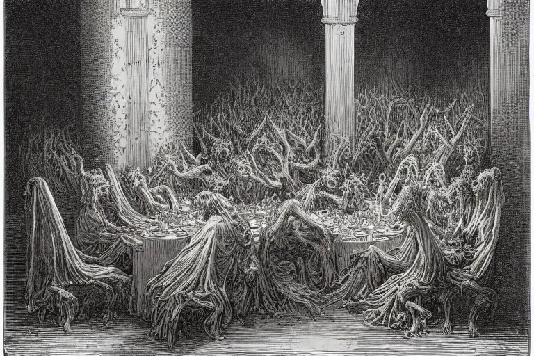 Image similar to demons eating cake, Gustave Dore lithography