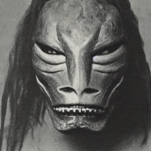 Image similar to photograph of yautja ( predator ) by edwardian, male, 1 9 0 0 s, 1 9 1 0 s, grainy, slightly blurry, faded, realistic face