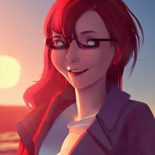 Prompt: character deisgn by lois van baarle, artgerm, helen huang, by makoto shinkai and ilya kuvshinov. cute scarlet red haired cybertronic woman, steel gray body, denim shorts, jacket, wandering at beach at sunset, pretty smile, elegant, octane render, exaggerated proportions, looking at camera