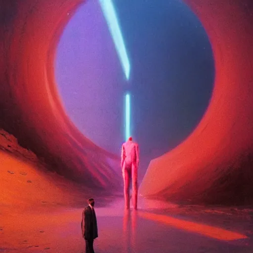 Image similar to neon palette, Keir Starmer stepping out of the tardis, ridley scott universe, mysterious, ultrarealistic, cinematic lighting, 4k, wide angle, beksinski