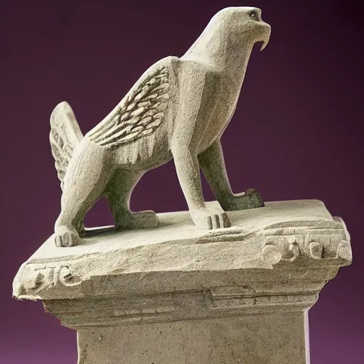 Image similar to a stone sculpture of a winged panther sitting on a pedestal with intricate carvings and fine detail