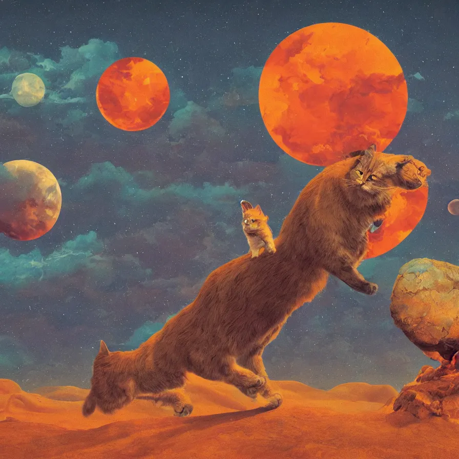 Prompt: a surreal landscape of a frightened giant cat chased by ghosts in a vast desert lit by two scary moons, deeply texural, saturated color scheme