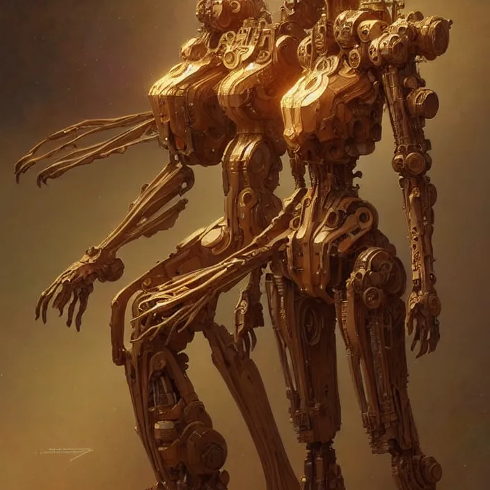 Prompt: organic wooden mech, diffuse lighting, fantasy, intricate, elegant, highly detailed, lifelike, photorealistic, digital painting, artstation, illustration, concept art, smooth, sharp focus, art by john collier and albert aublet and krenz cushart and artem demura and alphonse mucha