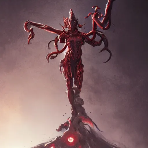 Prompt: four armed statue of a demon of the moon ascending from hell, four arms, dramatic lighting, jagged, artstation, concept art, smooth, sharp focus, illustration, art by greg rutkowski