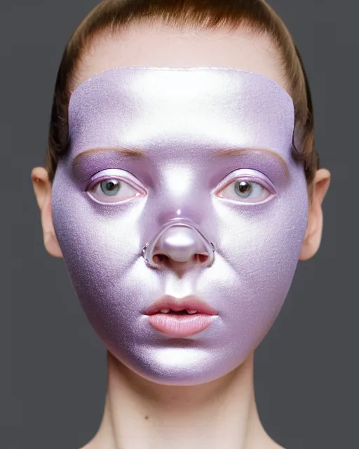 Image similar to symmetrical close - up portrait of a woman wearing a lilac metallic embroidered beauty mask and hair buns, wearing a black bodysuit by alexander mcqueen, cream white background, soft light, biotechnology, humanoide robot, bjork aesthetic, translucent, by rineke dijkstra, intricate details, highly detailed, masterpiece,