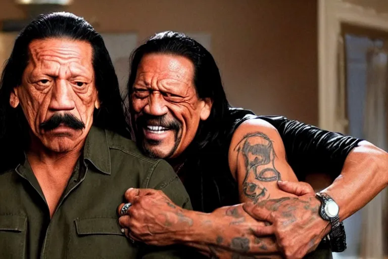 Prompt: danny trejo embracing another danny trejo, cuddling, awkward, strange, weird faces, in a romantic comedy