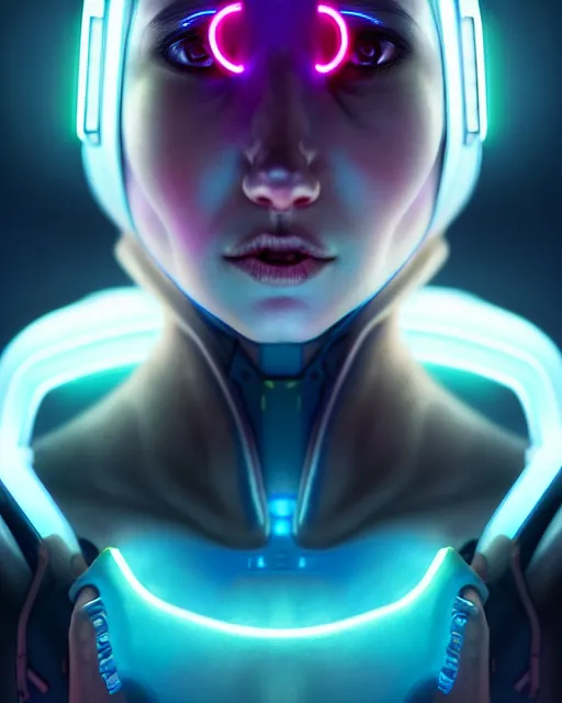 Prompt: one singular portrait of a cute bioluminescent cyborg with glowing eyes, highly detailed, digital painting, cinematic, hyperrealism, dark retrowave, art by stanley lau and artgerm and magali villeneuve and alphonse mucha, artstation, octane render, cgsociety