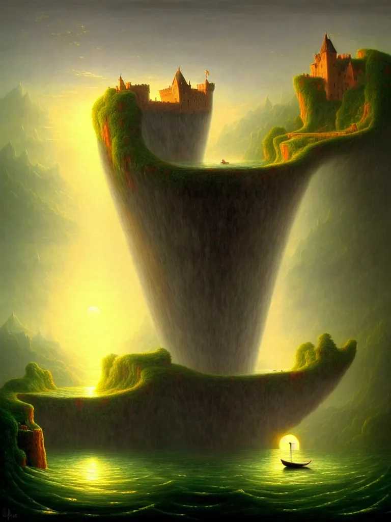 Image similar to gediminas pranckevicius an immense gigantic ornated iron cup with a lake inside, water in excess droping by thomas cole, boats, castle, sunset, volumetric light, godrays