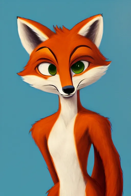 Image similar to oil painting of anthromorphic female fox, in style of zootopia, female fursona, furry, furaffinity, 4 k, deviantart, furry art, fursona art, wearing black business suit, business suit, fox fursona, female, smug expression,