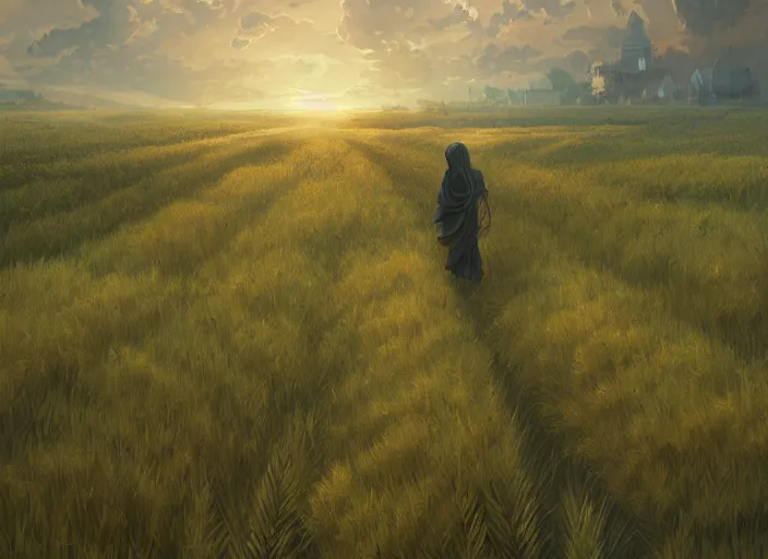 Image similar to Lush fields of wheat, anime, lush trees, a fantasy digital painting by Greg Rutkowski and James Gurney, trending on Artstation, highly detailed