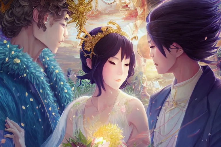 Image similar to a dreamlike portrait of wedding close up moment of a divine a japan sun god and moon goddess lovers magician at a wedding banquet. highly detailed, digital painting, fantasy wedding screen, 8 k realistic, hyper detailed, by makoto shinkai and akihiko yoshida and hidari and wlop