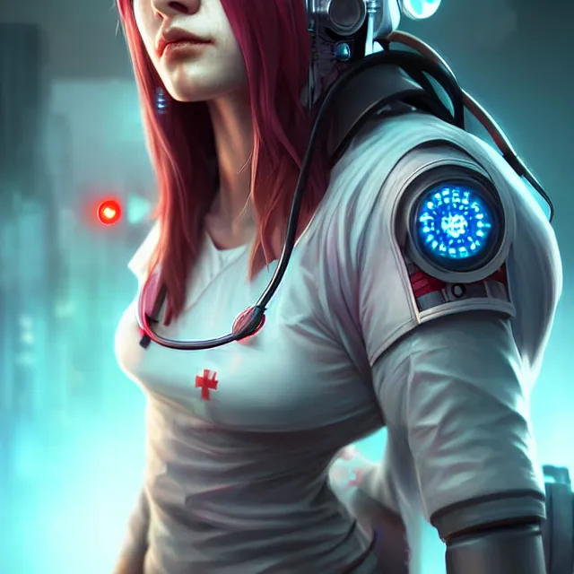 Image similar to cyberpunk nurse warrior, highly detailed, 4 k, hdr, smooth, sharp focus, high resolution, award - winning photo, artgerm, photorealistic