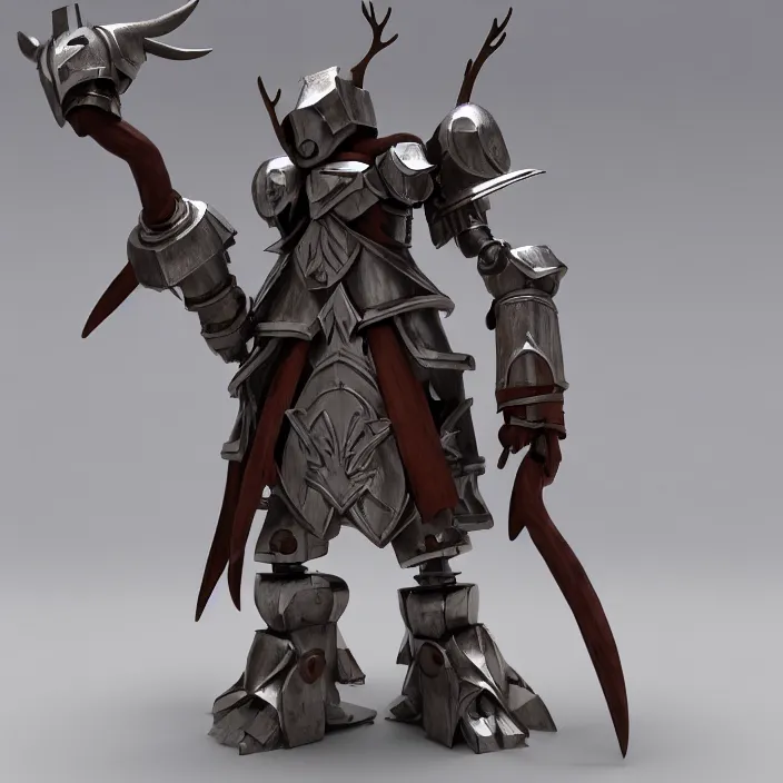 Image similar to warforged druid male anime character, wooden staff wizard, wolf armor, wolf pack, a pack of wolves, wooden antlers, made of wood, made of metal, large robot, knight, knight armor, large castle, medieval castle, wolf pack following, 3 d render beeple, realistic detailed octane render, pop up parade figure