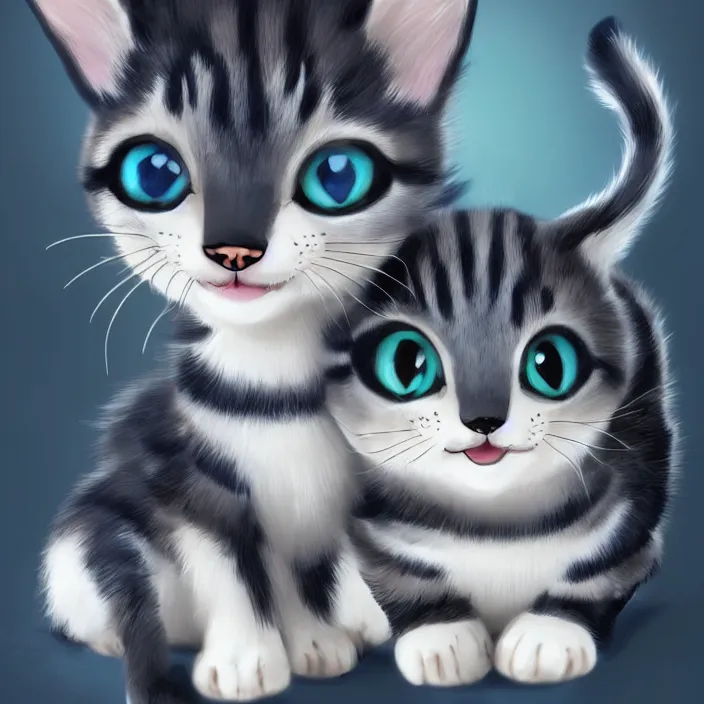 Image similar to cute cat of cheshire an adorable cat with black and blue stripes, shiny eyes and a big playful smile. award - winning digital art, trending on artstation