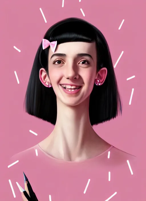 Image similar to portrait of high school girl, realistic, black hair, bangs, half updo hairstyle, pointy nose, skinny, smile, ugly, defined jawline, big chin, pink hair bow, earrings, intricate, elegant, glowing lights, highly detailed, digital painting, artstation, sharp focus, illustration, art by wlop, mars ravelo and greg rutkowski