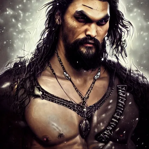 Image similar to jason momoa, final fantasy, darkwave, darksynth character portrait, sharp, digital matte painting, art by luis royo, greg rutkowski, wlop, dramatic lighting, trending on artstation