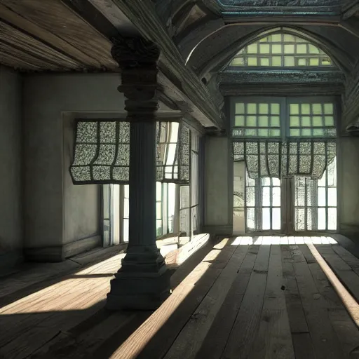 Prompt: inside a victorian dining room roof is damaged and moss is growing on the erroded walls sunlight shines through the windows and produces rays of light in the dust ray traced unreal 5, ultra details