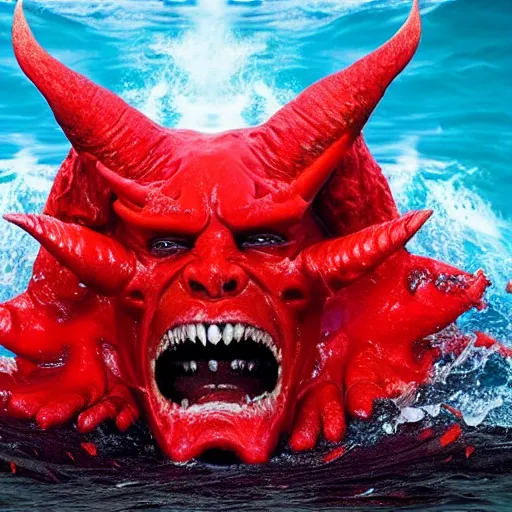 Image similar to a devilish red monster with horns emerging from boiling rough seas, close - up portrait photo by david lachapelle, masterpiece, trending on flickr