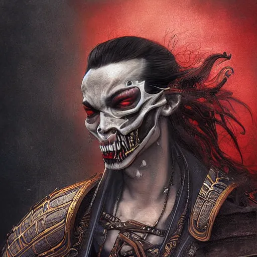 Prompt: digital painting low angle shot face portrait of samurai vampire by ayami kojima, tom bagshaw, tooth wu, in the style of dark - fantasy, showgu, intricate detail, shogun, skull motifs, red, bronze, artgerm