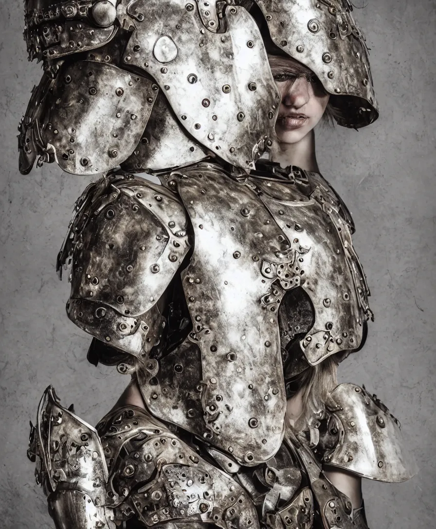 Image similar to portrait of a beautiful young girl wearing an alexander mcqueen armor made of iron steel armour , artistic illustration realistic photo