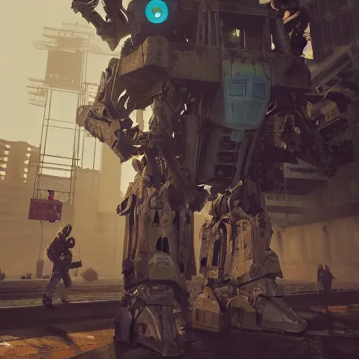 Prompt: six feet tall mech fighting in an urban environment, gaudi, by ismail inceoglu, octane render, by weta digital, cinematic lighting, bump mapped, lumen reflections, action scene screenshot, epic scale, trending on artstation