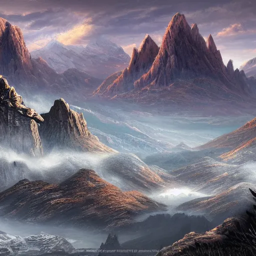 Image similar to The horror landscape with mountains in the background, Sci-Fi fantasy wallpaper, painted, 4k, high detail, sharp focus