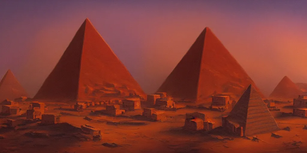 Image similar to an oil painting of a small city in the desert ::Pyramid inside the city surrounded by huts and walls that surround the city and a dark red sun, fantasy,hyper realistic, atmospheric lighting, cinematic, 8k,