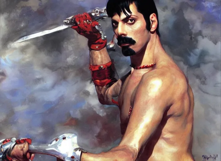 Prompt: a highly detailed beautiful portrait of freddie mercury as kratos, by gregory manchess, james gurney, james jean