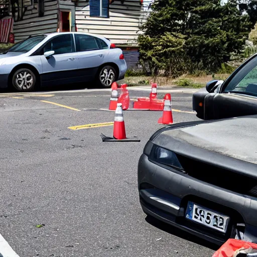 Prompt: a photo of a car broken in a speedbump