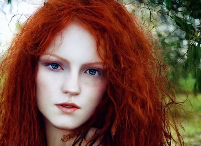 Image similar to award winning 8 5 mm close up face portrait photo of a redhead with long hair and perfect human eyes in a park by luis royo.