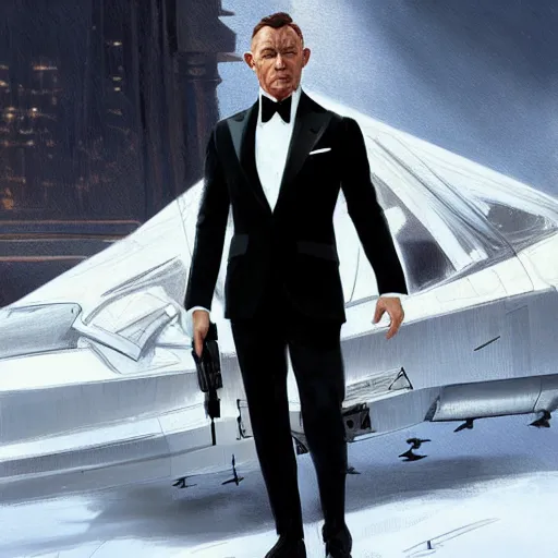 Image similar to lindsay pelas as james bond wearing a tuxedo, portrait, highly detailed, digital painting, artstation, concept art, sharp focus, illustration, art by artgerm and greg rutkowski and alphonse mucha