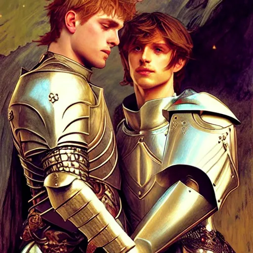 Image similar to attractive arthur pendragon and his favourite attractive male knight, they are in love, camelot, natural lighting, path traced, highly detailed, high quality, digital painting, by gaston bussiere and ross tran and j. c. leyendecker and alphonse mucha