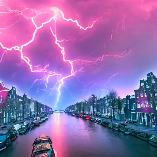 Prompt: apocalyptic amsterdam with psychedelic clouds in the year 2 1 4 5. 4 k blue pink purple. ambient lightning, haze, fog, glow, sunset, digital art, neon.