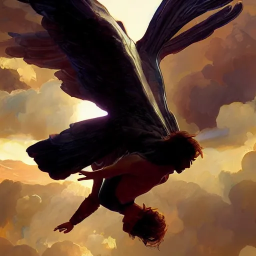 Image similar to Icarus falling from the sky, dramatic light, highly detailed, digital painting, artstation, concept art, sharp focus, illustration, art by artgerm and greg rutkowski and alphonse mucha