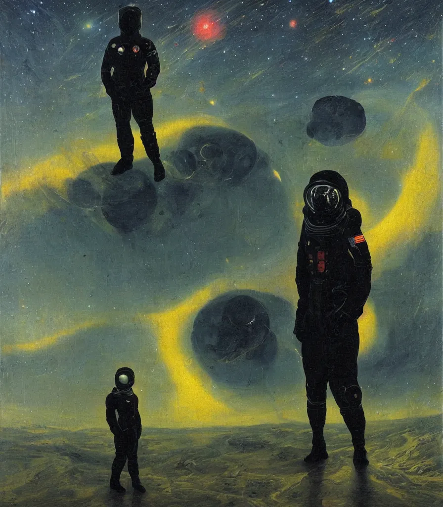 Prompt: an impasto oil painting of a futuristic astronaut with a black space suit gazing into a misty universe full of mystical colorful light nebulae and galaxie spainted by caspar david friedrich, light colors, impressionism