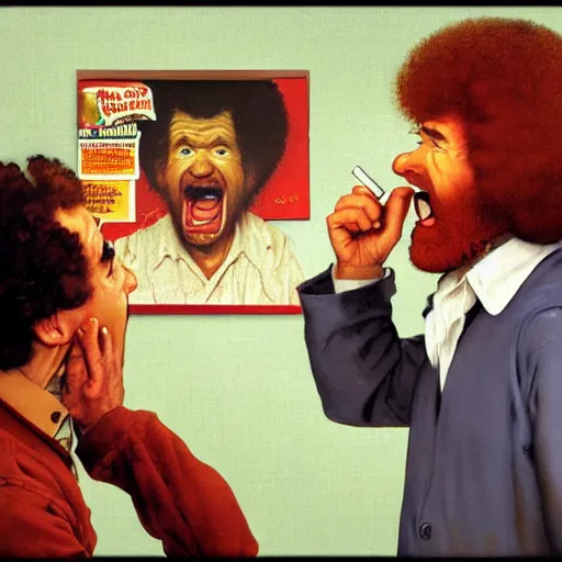 Image similar to bob ross screaming at a donut by norman rockwell