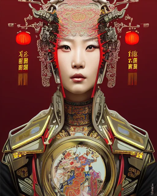 Image similar to portrait of a chinese cyberpunk machine, machine face, arms, upper half portrait, decorated with chinese opera motifs, regal, asian, fine china, wuxia, traditional chinese art intricate intense elegant 京 剧 highly detailed digital painting artstation concept art smooth sharp focus illustration, art by artgerm and greg rutkowski alphonse mucha 8 k