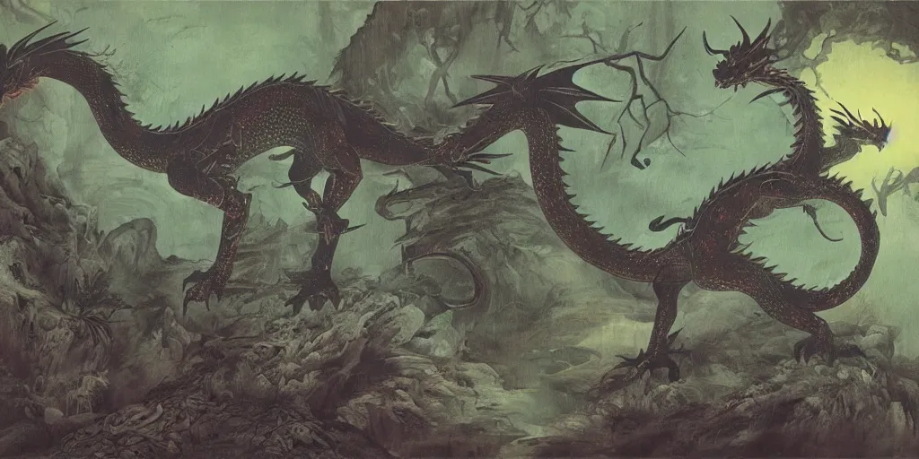 Prompt: mysterious glowing dragon at night, in the forest, chinese art